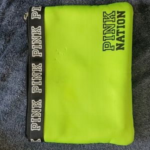 VS pink makeup bag, neon green